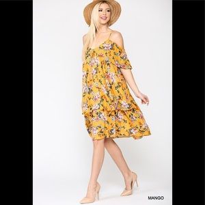 Floral cold shoulder ruffle layered midi dress.